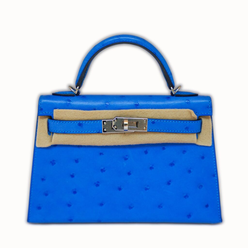 Hermès Kelly Mini II Sellier, Bluet Ostrich, Palladium Hardware