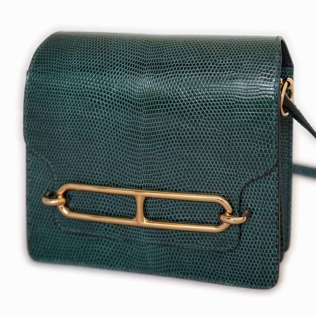 Hermès Roulis Mini, Vert Cypress (6O), Lizard, Gold Hardware