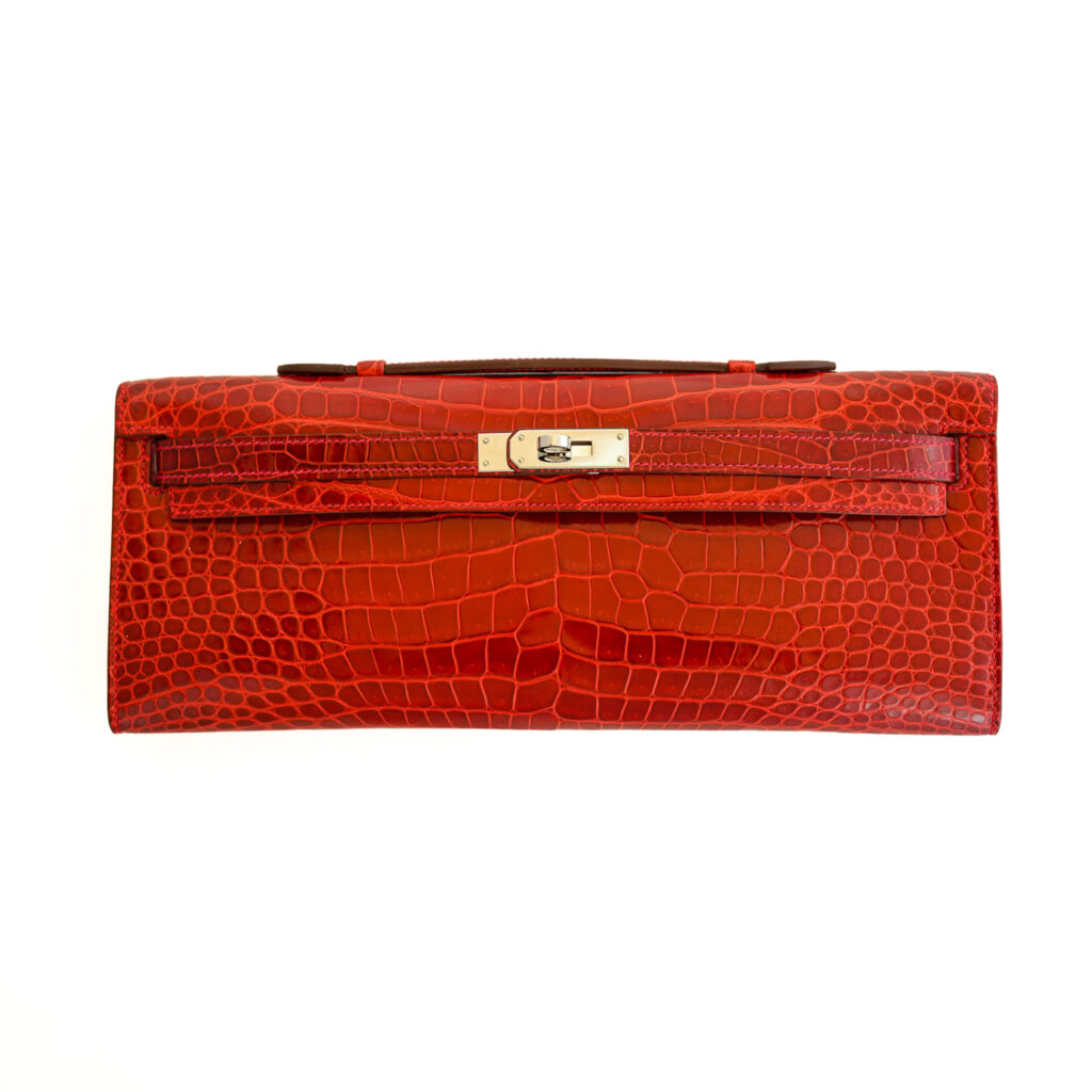 Hermès Kelly Cut Clutch, Rose Sheherazade Shiny Alligator, Palladium Hardware, 2023