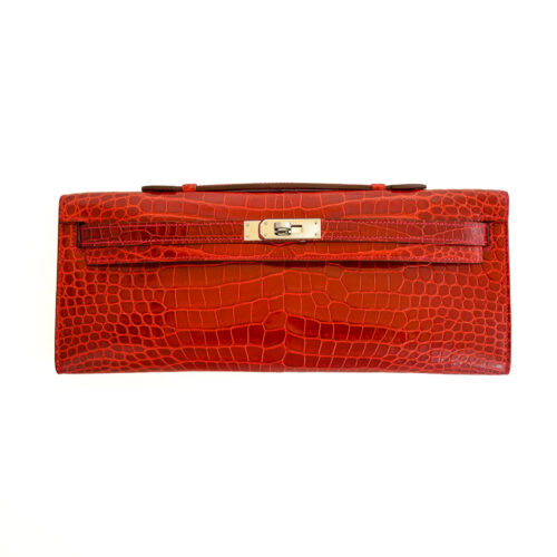 Hermès Kelly Cut Clutch, Rose Sheherazade Shiny Alligator, Palladium Hardware, 2023